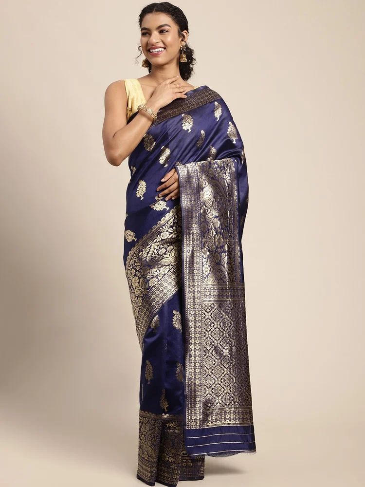 Women's Navy Blue Silk Blend Jacquard Woven Golden Zari Tree Pattern Thick