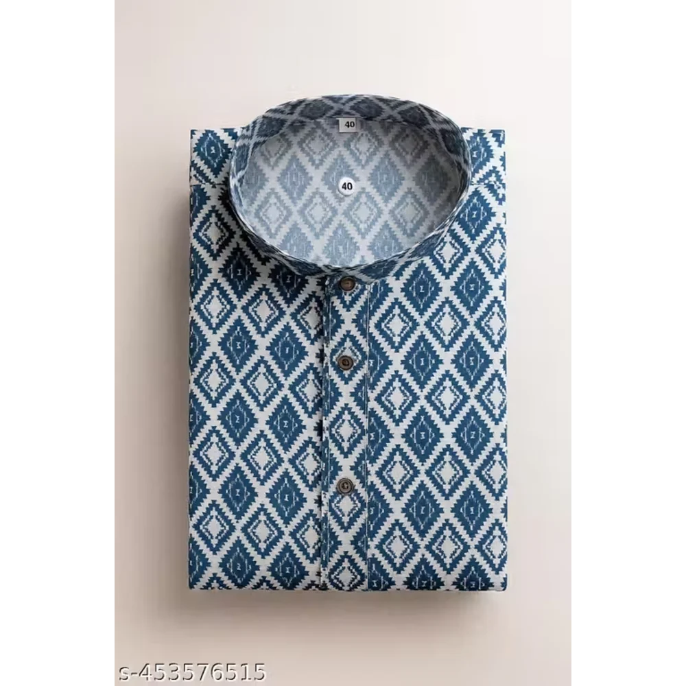 Men Teal Blue Cotton Blend Printed Kurta