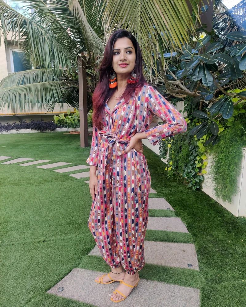 Geo Print Attached Jacket Dhoti Pants Jumpsuit