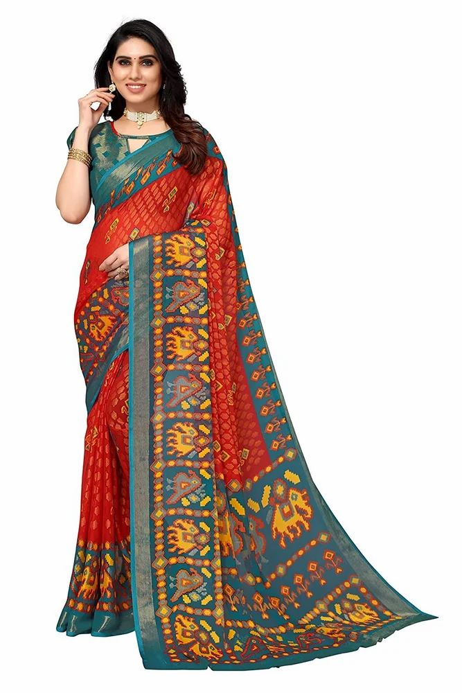 Gold Toned Printed Soft Chiffon Brasso Saree