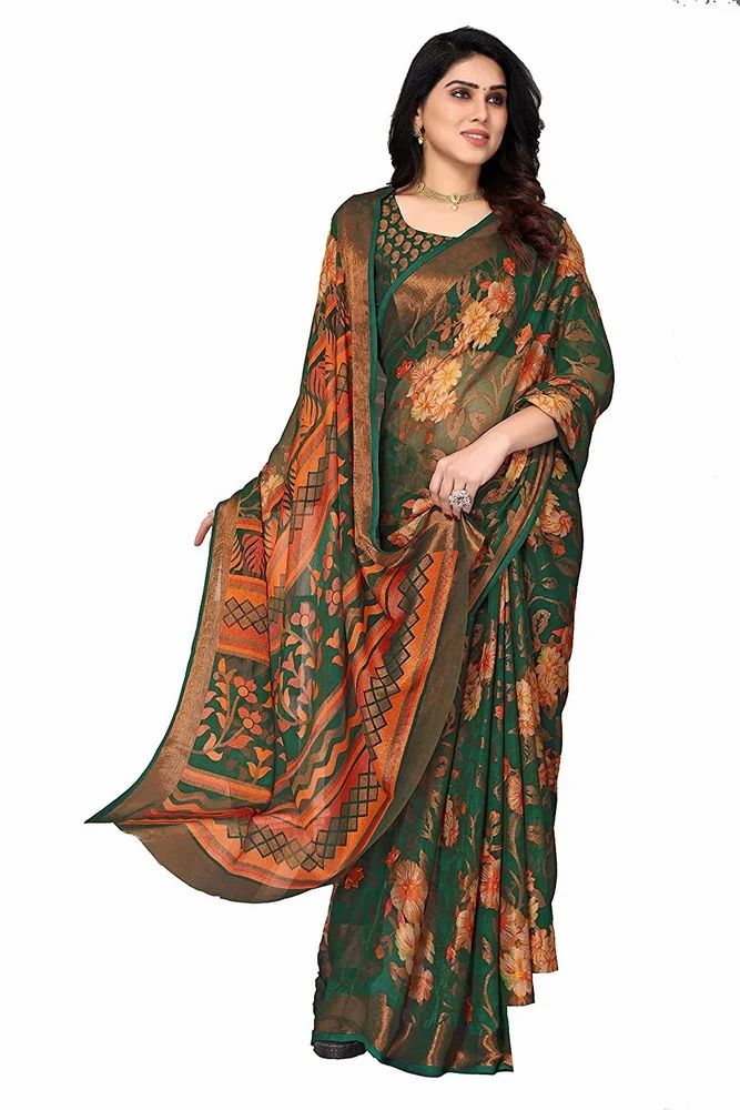 Two Toned Floral Printed Soft Chiffon Brasso Saree