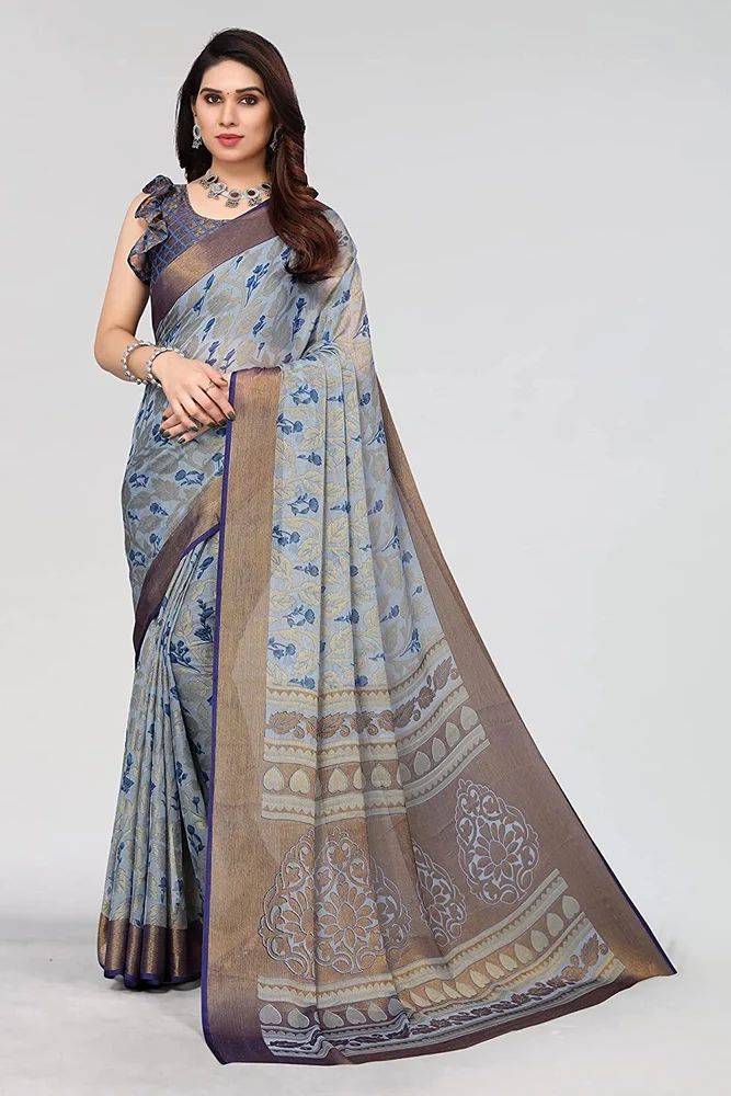 Leeza Store Gold Toned Floral Printed Soft Chiffon Brasso Saree With Ethnic Motifs On Pallu