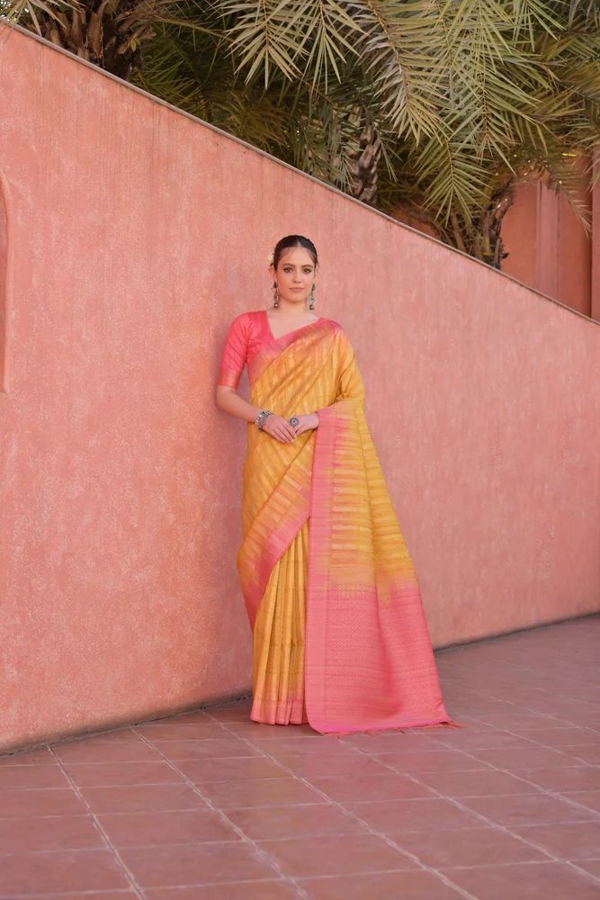 Pure Soft Tussar silk saree  with beautiful temple design and premium pallu