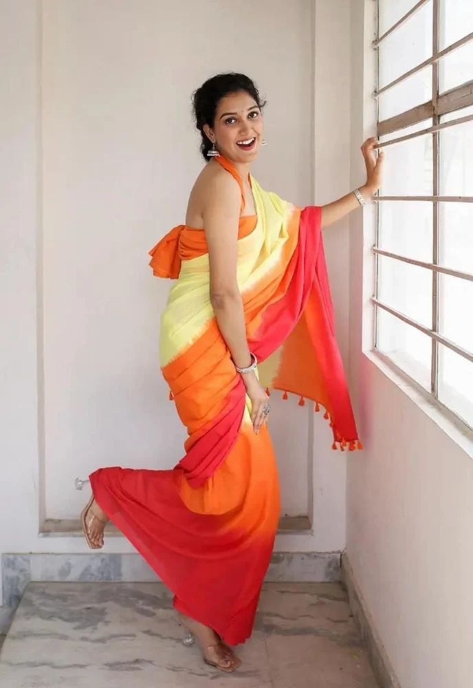 Orange Digital Print Linen Sarees