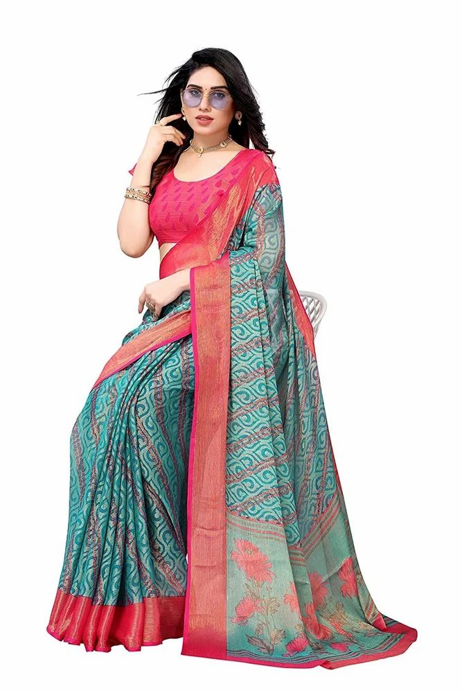 Gold Toned Ethnic Motifs Printed Soft Chiffon Brasso Saree