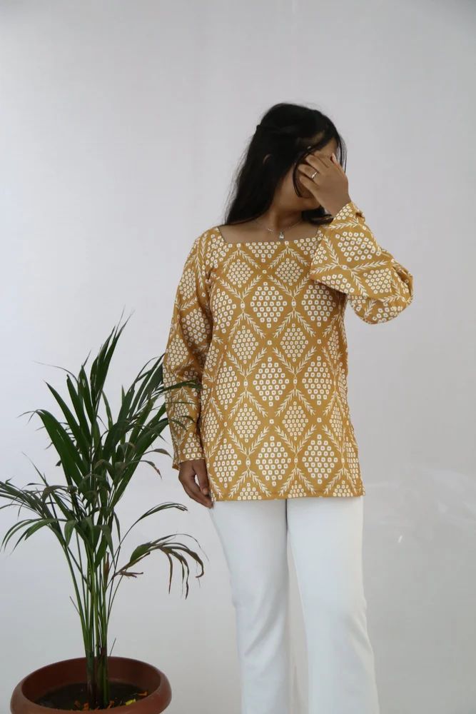 Mustard Printed Rayon Short Ladies Kurti