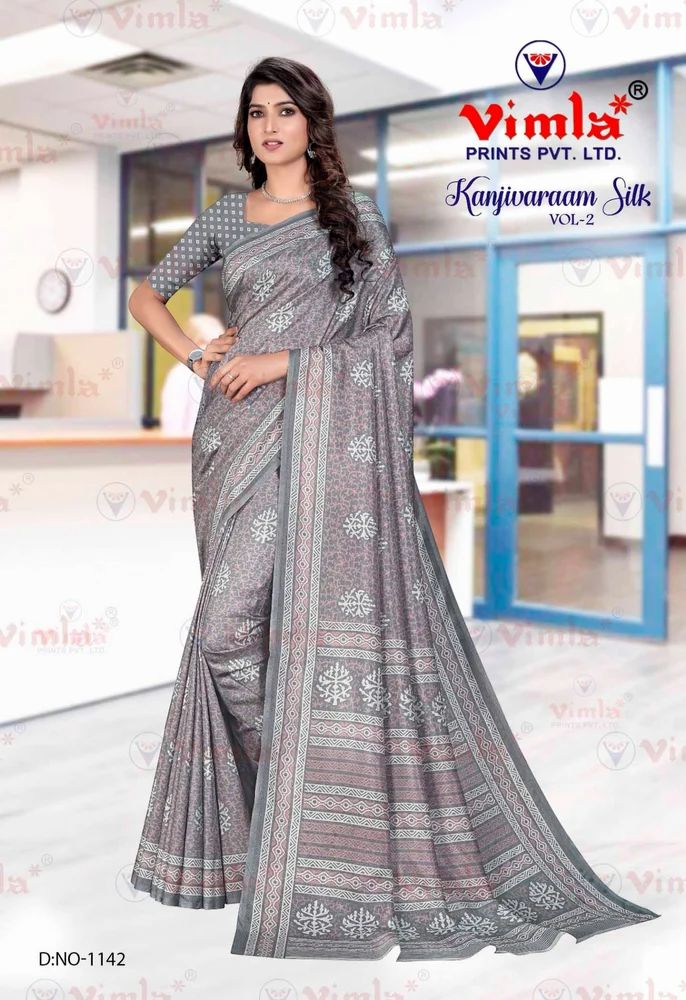 Vimla Prints Grey Art Silk Uniform Saree with Blouse Piece