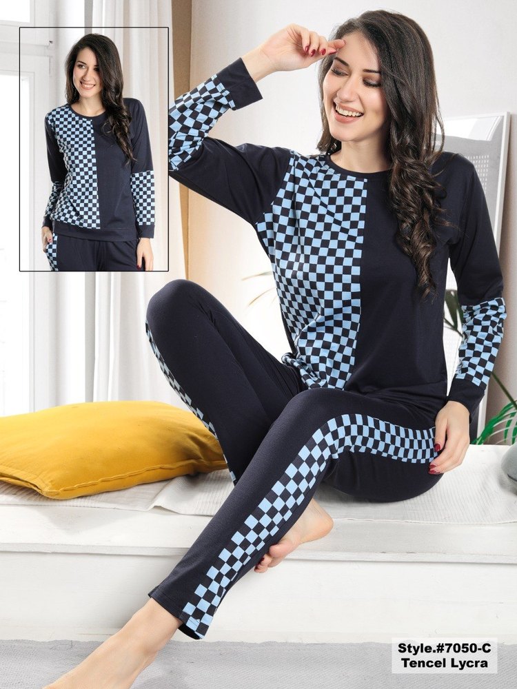 Ladies Stylish Nighty Full Sleeve T Shirt And Pant Light BlueBlack