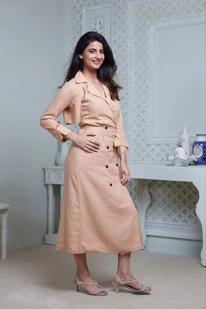 Attached Jacket Peach Long Midi Dress