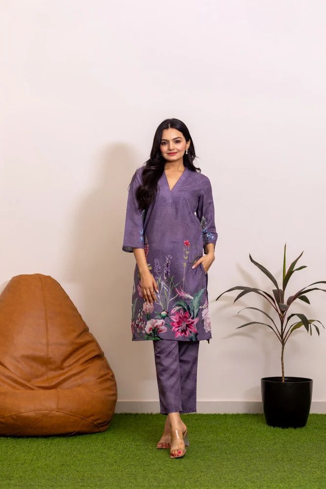 Lavender Gardenia Floral Kurti Set