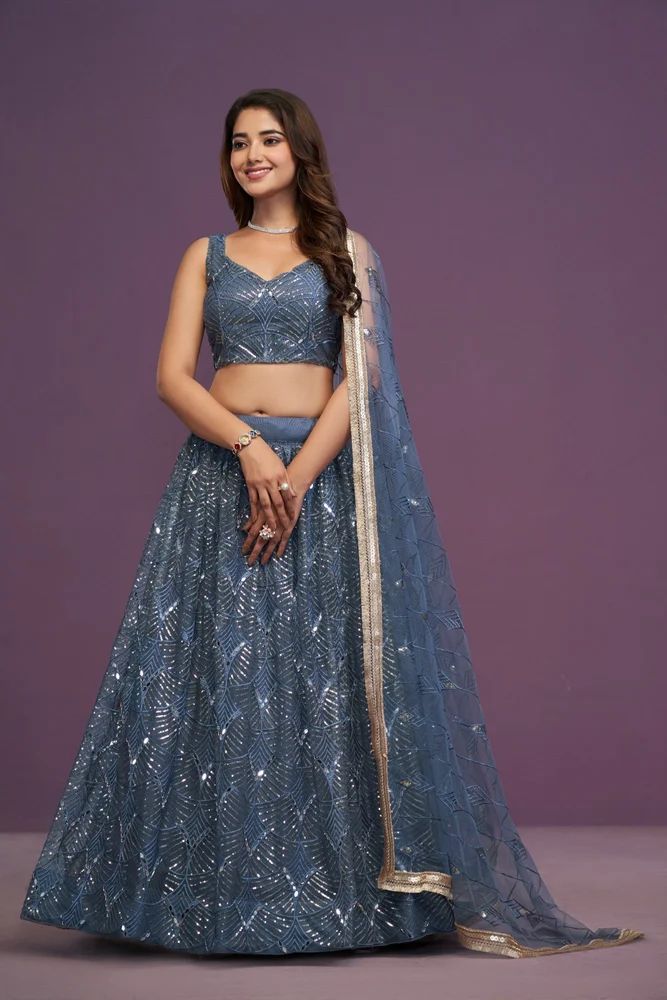 Blue Butterfly Net Sequence  Lehenga Choli  -Direct Factory Price by  TRENDY CULTURE