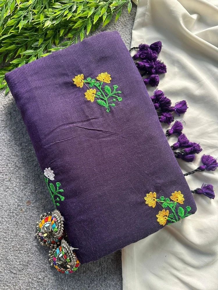 Original Khadi Cotton Saree with Elegant Flower Embroidery Work
