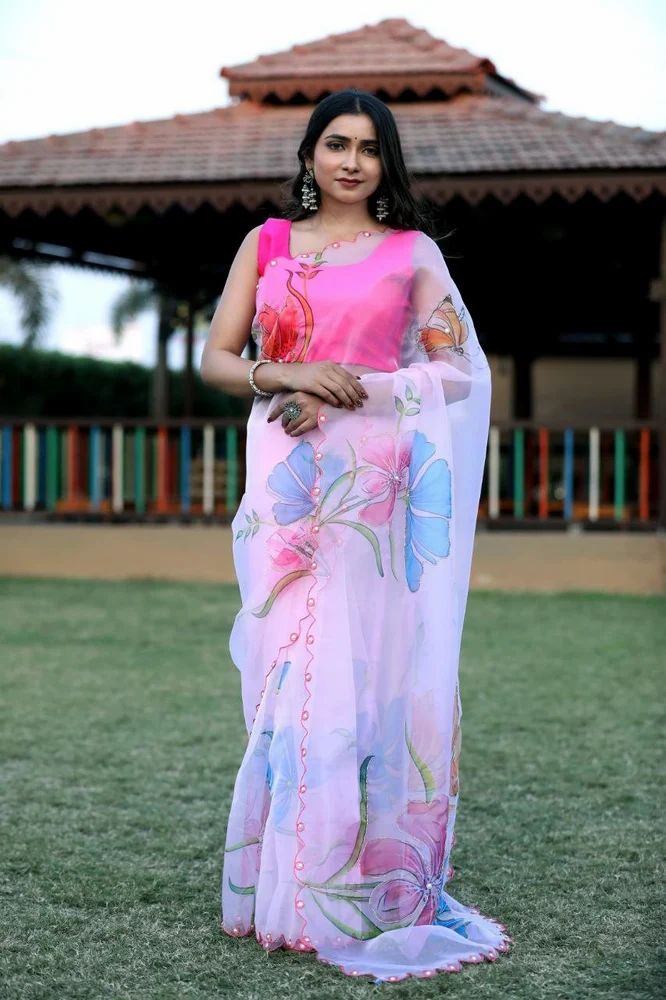 Seashell White Organza Handwork Saree