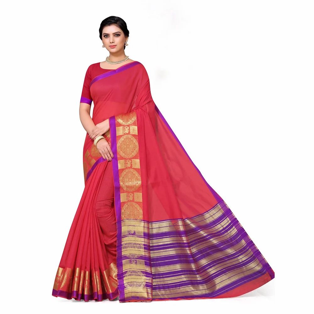 Leeza Store Women's Red Cotton Blend Woven Jacquard Solid Plain Golden Zari