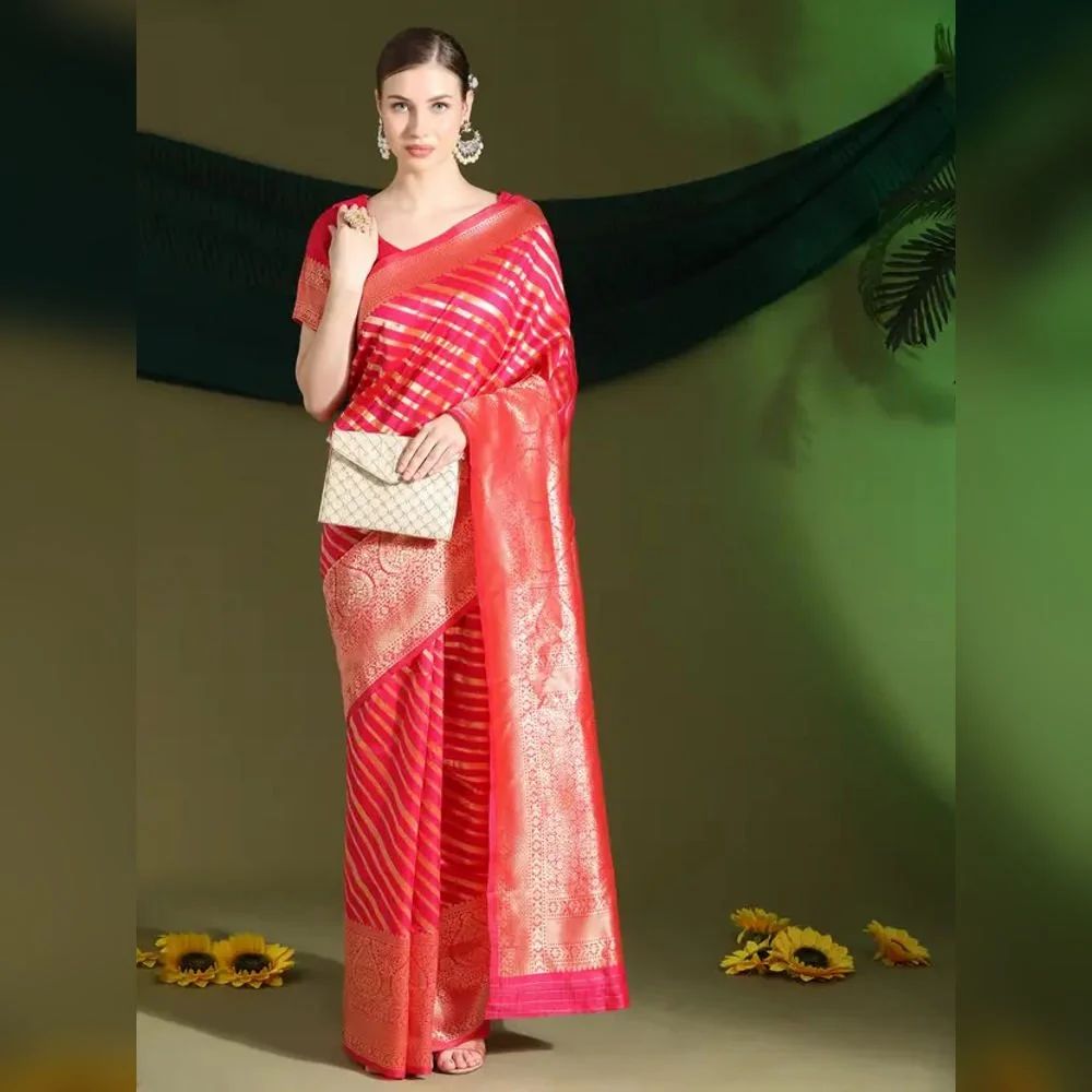 Ladies Silk Pink Printed Banarasi Saree