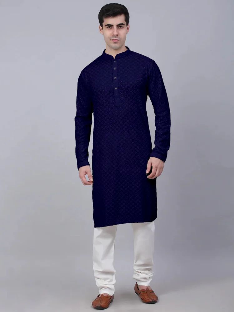 Men Embroidered, Embellished Cotton Rayon Straight Kurta