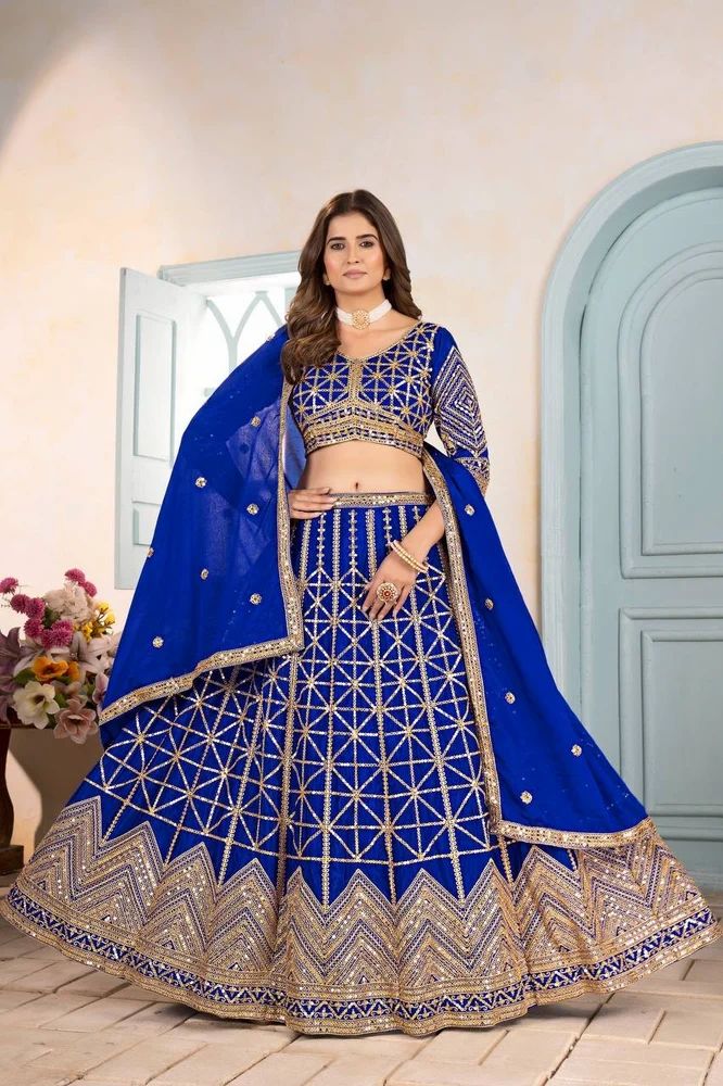 Royal Blue Embroidered Lehenga Choli with Dupatta for Wedding Wear