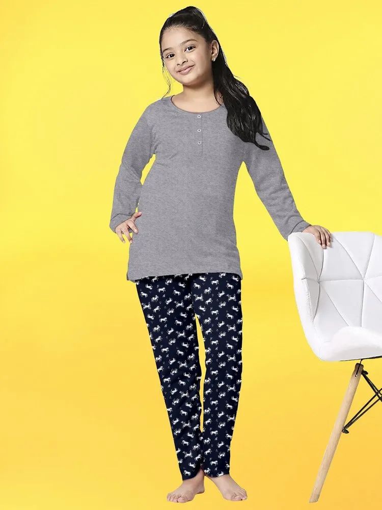 Girls Henley Top And Bottom Nightsuit- Grey And Navy  Blue