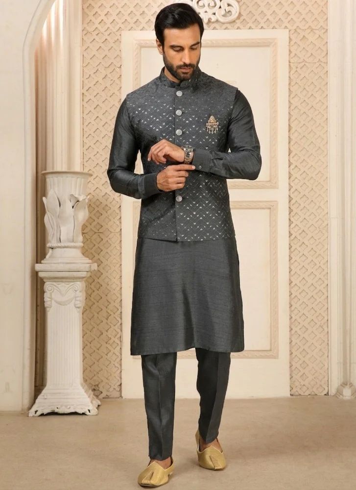 Trendy Culture's Grey Embroidered Work Silk Indian Mens Wear Koti Kurta Set
