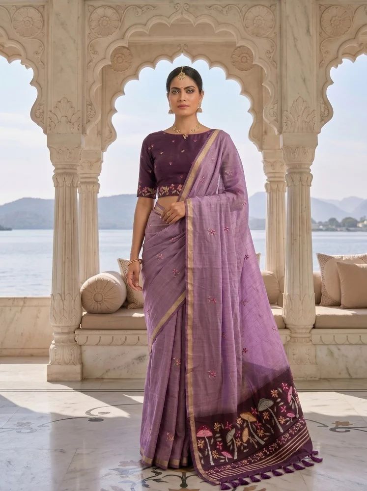 Lavender Cotton Jamdani Saree with Floral Forest Pallu