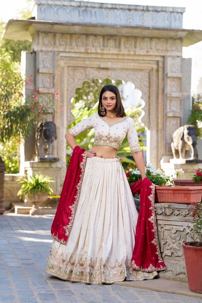 White Floral Print Embroidery Work Georgette Lehenga Choli Manufacturer