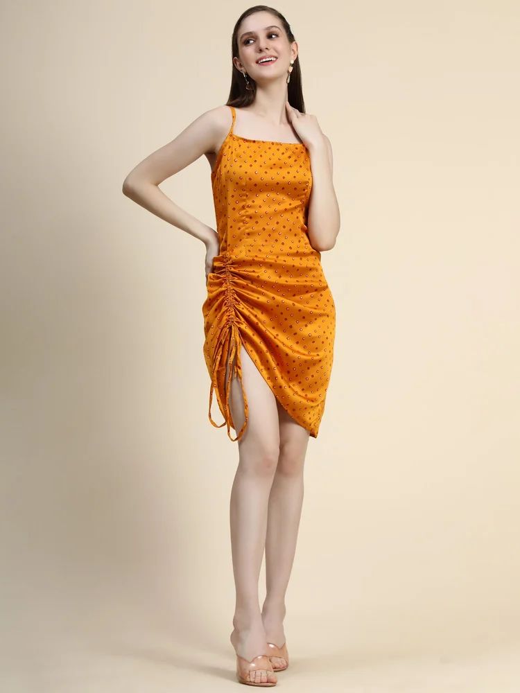 Printed Cotton Yellow Ladies One Piece Western Dress