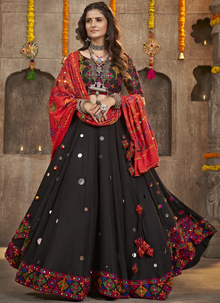 Black Viscose Silk Thread Embroidery Work Navaratri Spiceal Lehenga Choli Set