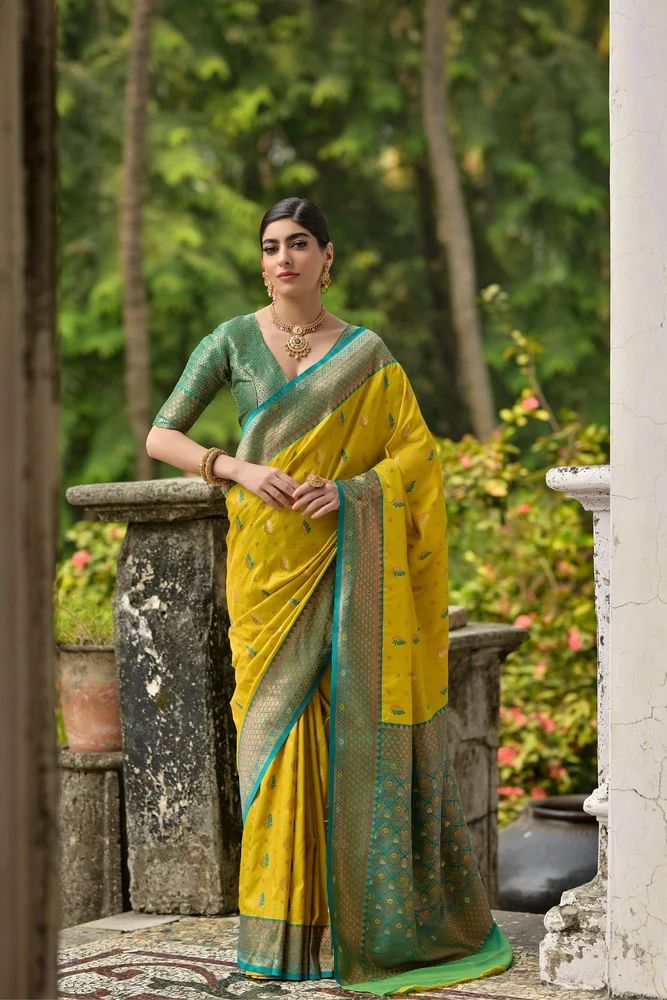 Banarasi silk saree with contrast copper zari weaving  border and premium look pallu