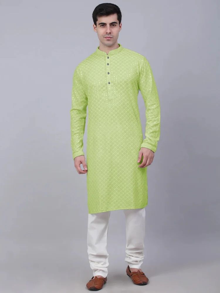 Men Embroidered, Embellished Cotton Rayon Straight Kurta