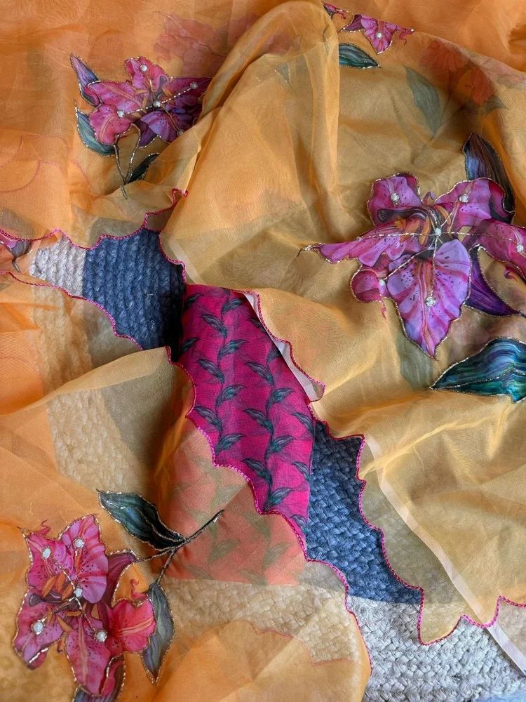 Yellow Organza Handwork Saree