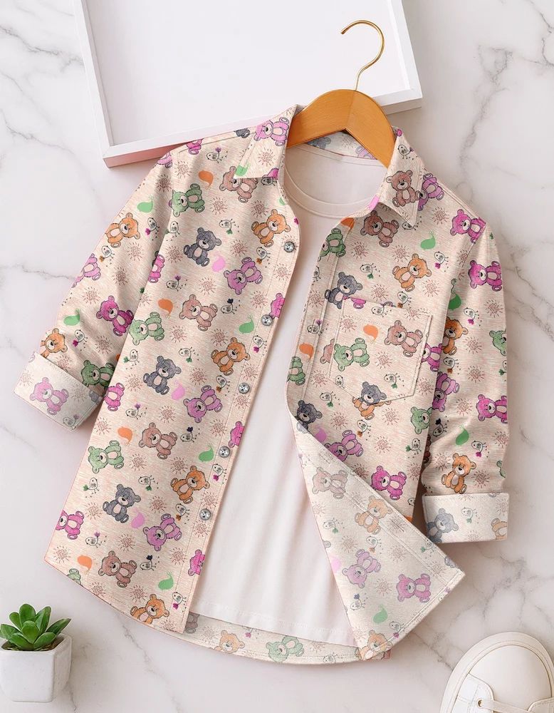 Beige Boys Rayon Teddy Bears Print Shirt