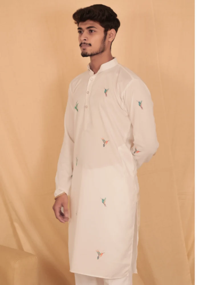 Classic White Sparrow Digital Men Cotton Kurta