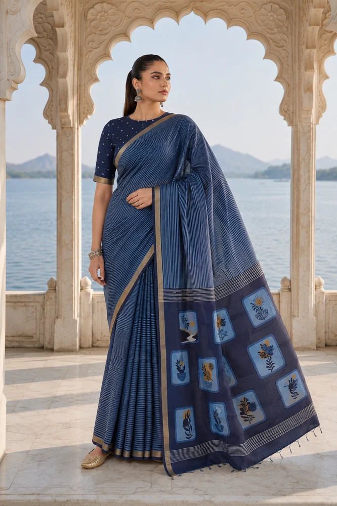 Cotton Jamdani Woven Saree blue colour