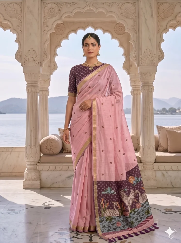 Baby Pink Cotton Jamdani Saree with Swan Lake Pallu Design