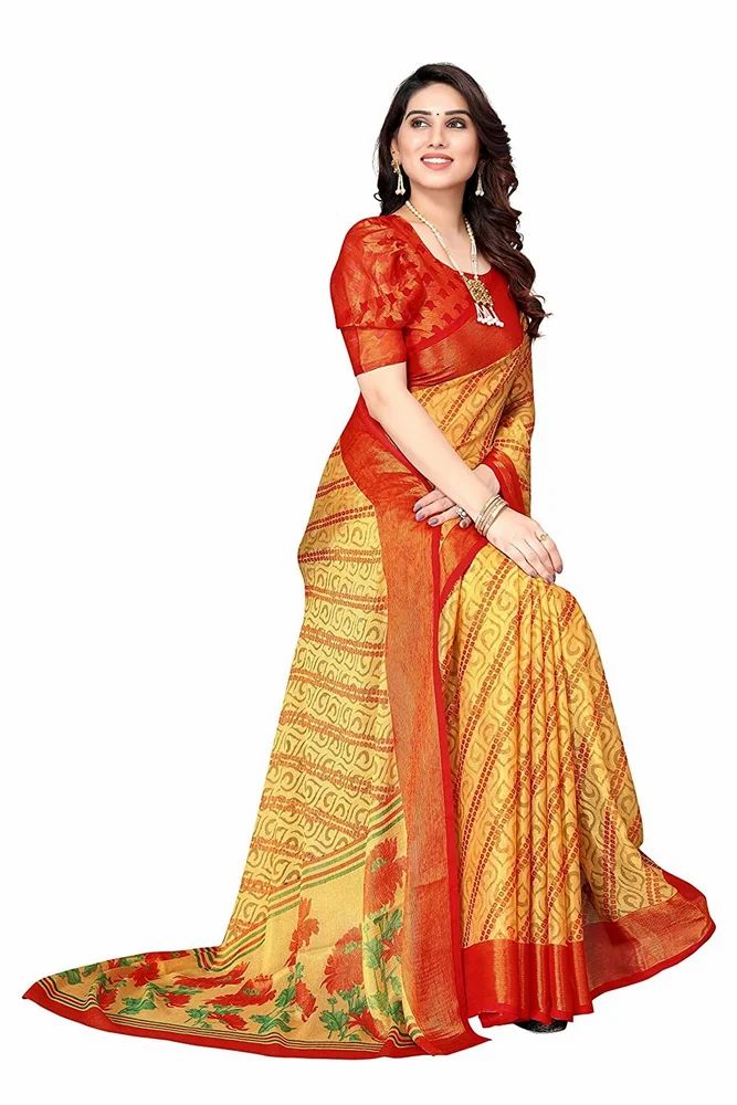 Gold Toned Ethnic Motifs Printed Soft Chiffon Brasso Saree