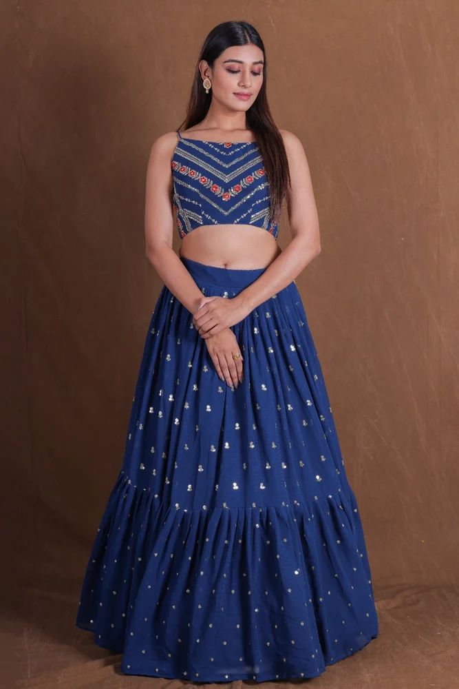 Ruffle Style Teal Blue Georgette Sequence Work Lehenga Choli