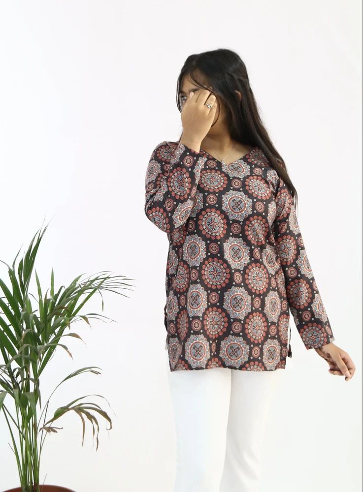 Congo Brown Printed Rayon Short Ladies Kurti