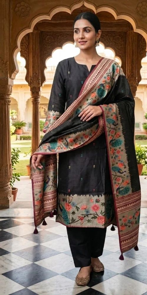 Beautiful Black Chanderi Kurti Pant Set
