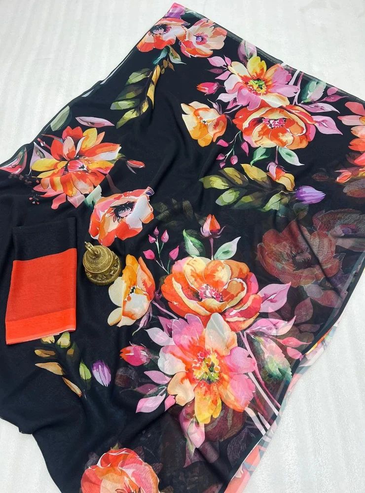 Black Digital Print Linen Sarees