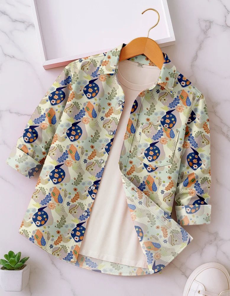Light Green Boys Rayon Botanical Elements Print Shirt