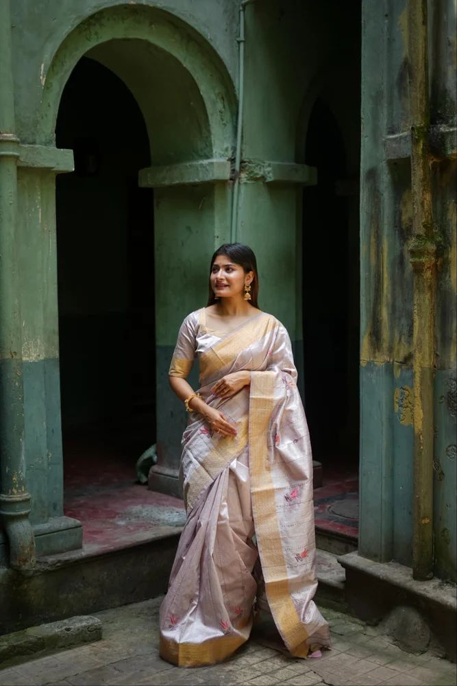PREMIUM KHADI TUSSAR SILK SAREE WITH  THREAD WORK AND KANTHA STITCH BORDER