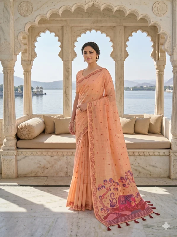 Peach Woven Saree with Elephant Motif Pallu