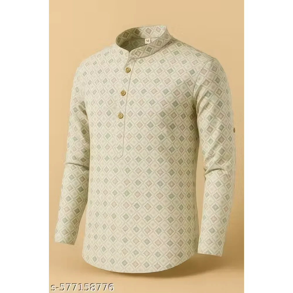 Men Light Yellow Cotton Blend Short Kurta
