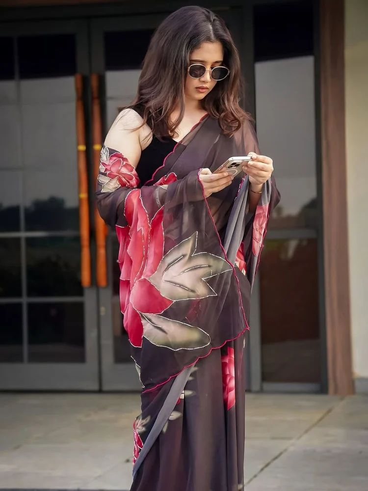 Black Digital Print Georgette Saree