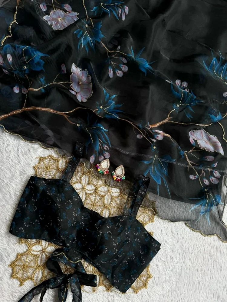 Cool Black Organza Handwork Saree