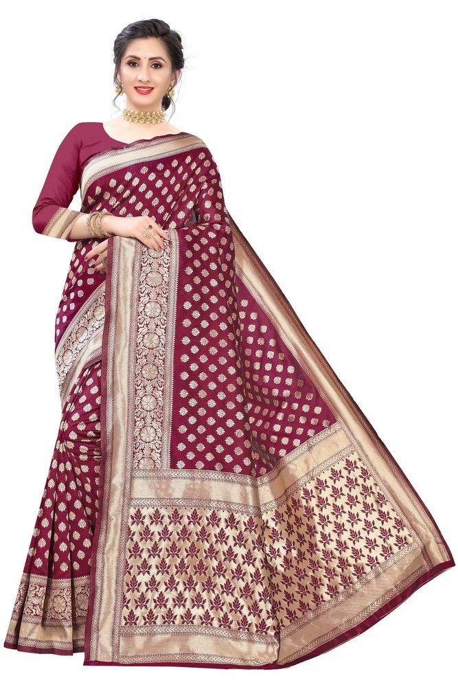 Ladies Banarasi Motif Printed Maroon Art Silk Saree