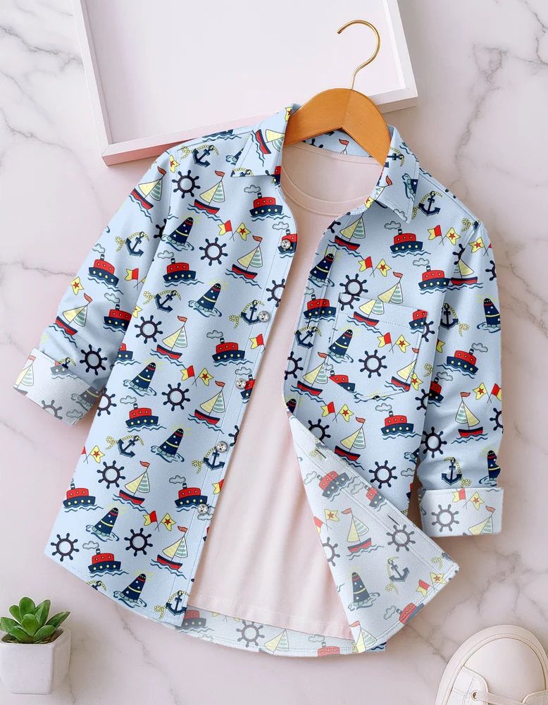 Blue Boys Rayon Nautical Elements Print Shirt
