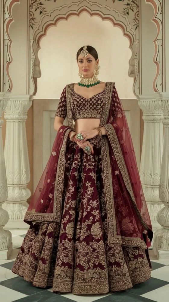 Flared Maroon Velvet Zardozi Bridal Lehenga