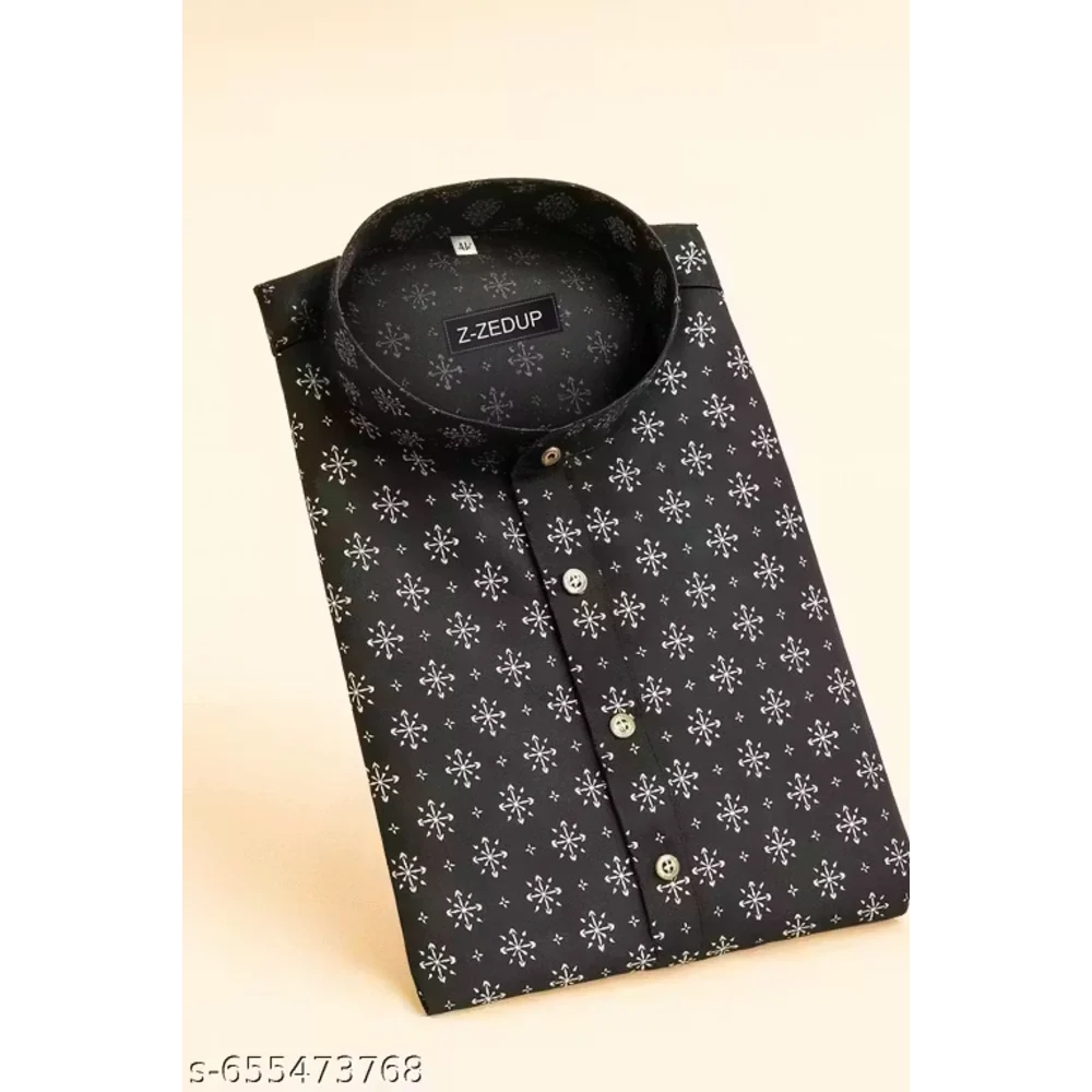 Men Royal Black Cotton Blend Printed  Kurta