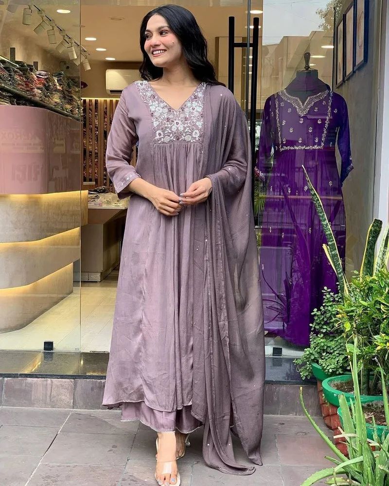Flared Long Anarkali Embroidered Kurti